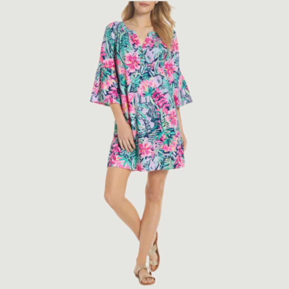 Lilly Pulitzer Dress Blue Mini Teigen Shift Floral V Neck Flared Hawaiian Small